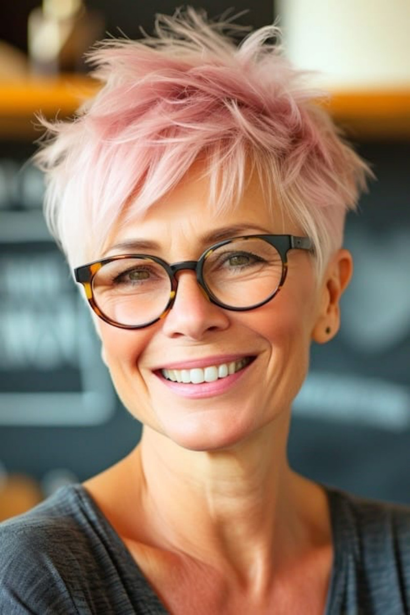 Freche Frisuren ab 60 mit Brille: Der pinke Pixie-Cut